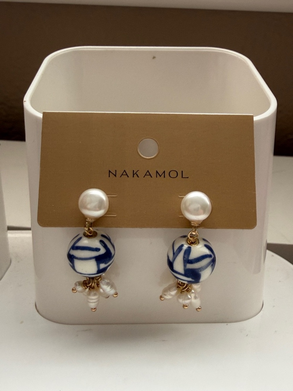 Nakamol Blue-and-White Ceramic Drop Earrings with Pearl Studs - Like New!